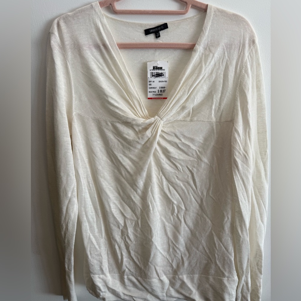 Lafayette 148 New York Size Large Cream V-Neck Twist Front Long Sleeve Top NWT
